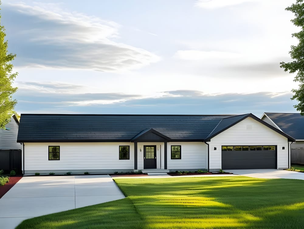 A modern single-story house with white siding, dark roof, and a two-car garage. The house has a wide driveway, green lawn, minimal landscaping, and is set against a bright, partly cloudy sky.